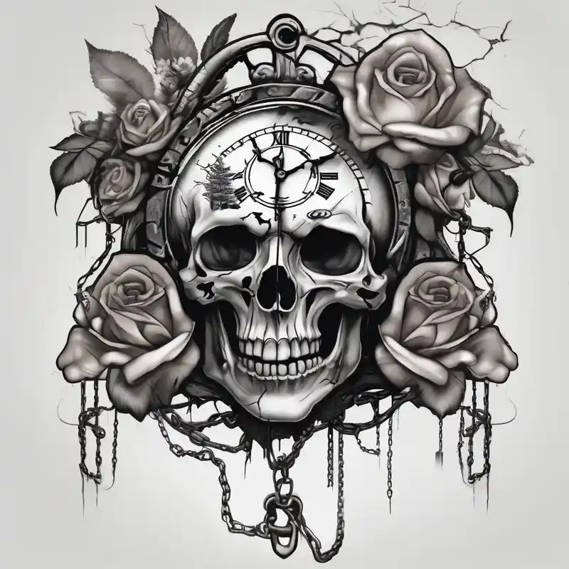tattoo fool sleeve, tree roots break out of the chains, broken mask, clock with flying numbers, girl and skull, roses glitter